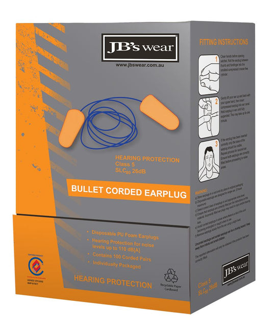 Wholesale 8P001 JB's BULLET SHAPED CORDED EARPLUG (100PR) Printed or Blank