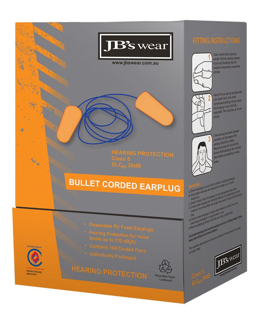 Wholesale 8P001 JB's BULLET SHAPED CORDED EARPLUG (100PR) Printed or Blank