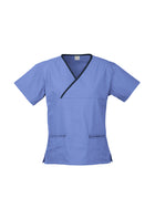 Wholesale H10722 Contrast Ladies Crossover Scrubs Top Printed or Blank