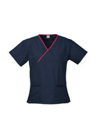 Wholesale H10722 Contrast Ladies Crossover Scrubs Top Printed or Blank