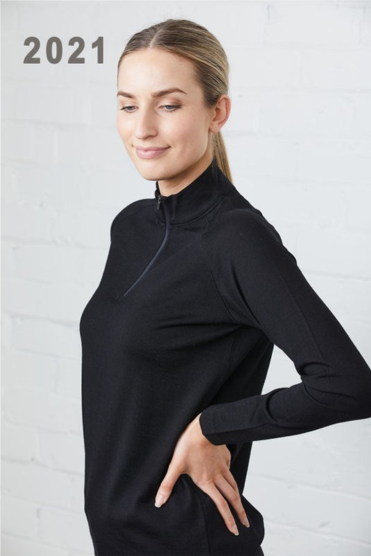 Merino thermal underwear - Women's half-zipper, high-neck top – black