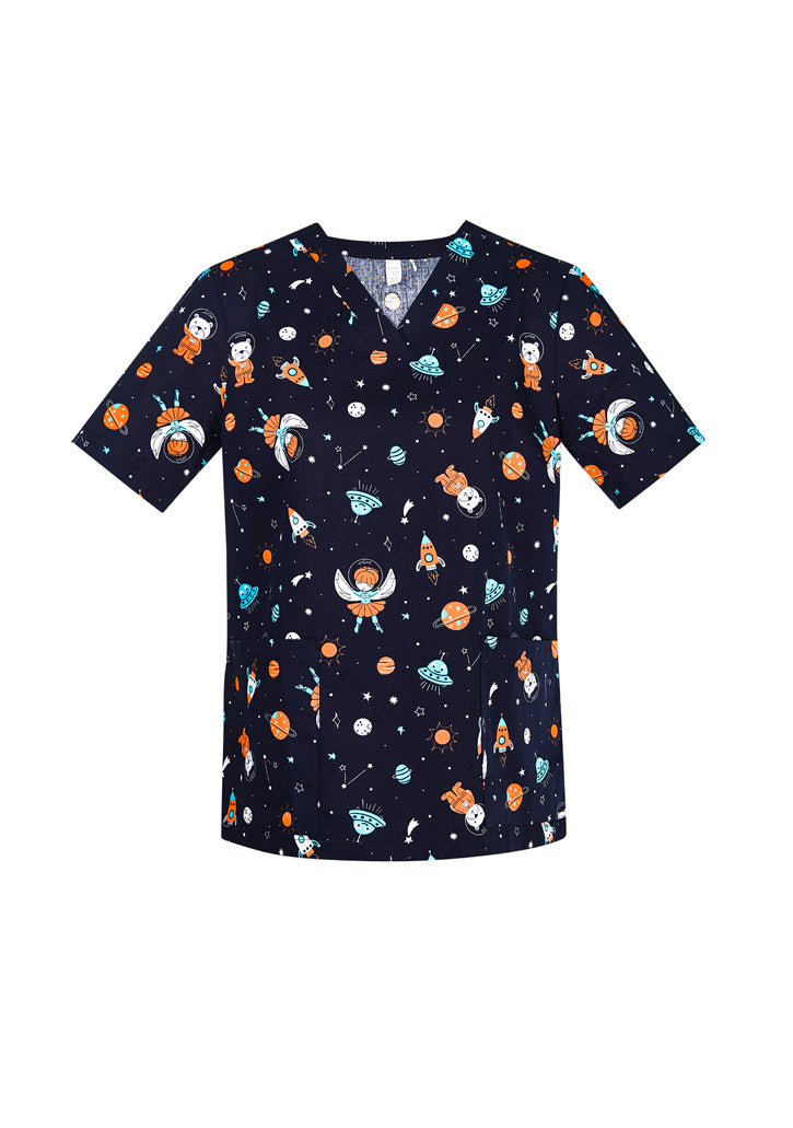 Wholesale CST148LS BIZCARE WOMENS SPACE PARTY SCRUB TOP Printed or Blank