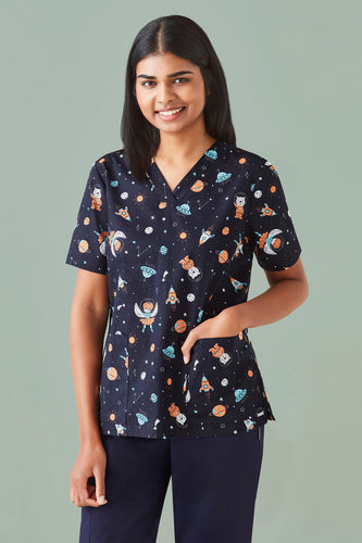 Wholesale CST148LS BIZCARE WOMENS SPACE PARTY SCRUB TOP Printed or Blank